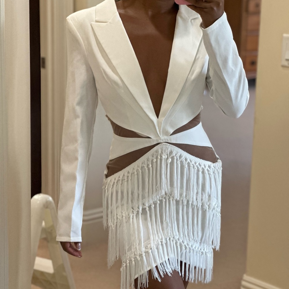 White fringe blazer dress